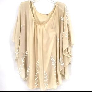 Free People Beaded Pointed Cape Drape Mini Dress Chiffon Cream Nude